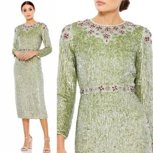 Mac Duggal Floral Beaded Dress Women 4 Sequins Tea Length Sage Green Long Sleeve